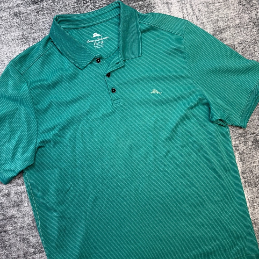 Tommy Bahama Polo Shirt Mens 2XL Teal Green Pique‎ Knit Supima Cotton Stretch